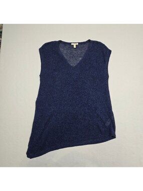 Eileen Fisher S Asymmetrical 100% Organic Linen Knit Sleeveless Sweater Navy Blu